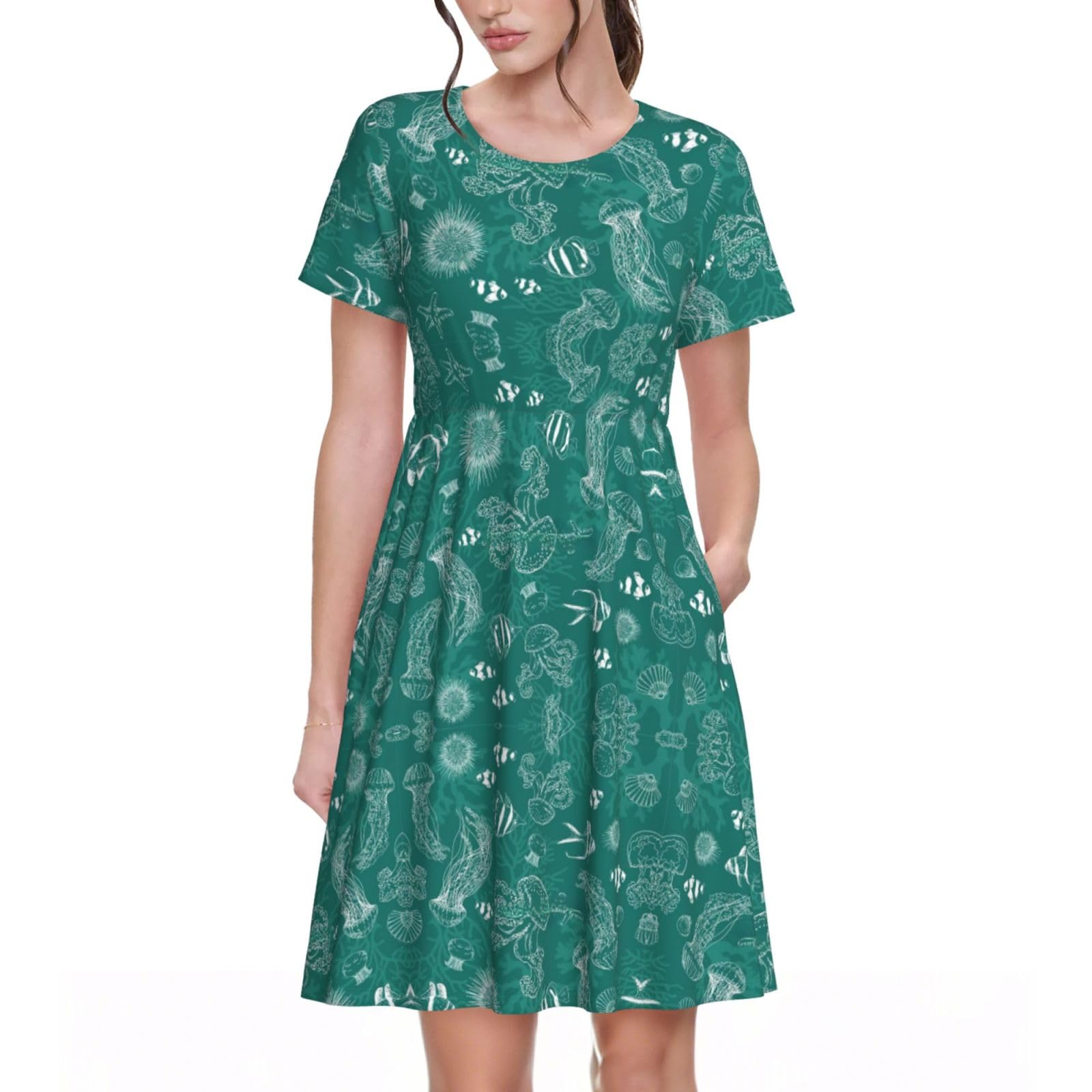 Nbtghga Women's Black Dolphins Flowers Sea Starfish Coral Seashell Print Summer Dresses For ,Short Sleeve Crew Neck Casual A-Line Dress With Pockets