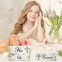 Vista 6 de Juego de 3 letreros de mesa de madera con texto en inglés "He Is Risen" para decoración de mesa de madera de Pascua, centro de mesa religioso