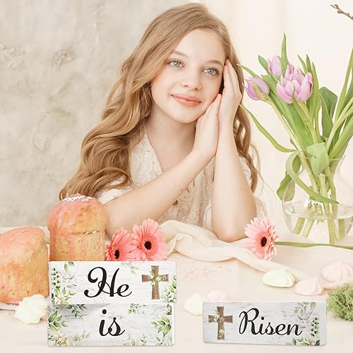 Miniatura 6 de Juego de 3 letreros de madera para mesa con diseño de He Is Risen para decoración de mesa de madera de Pascua centro de mesa bandejas religiosas de