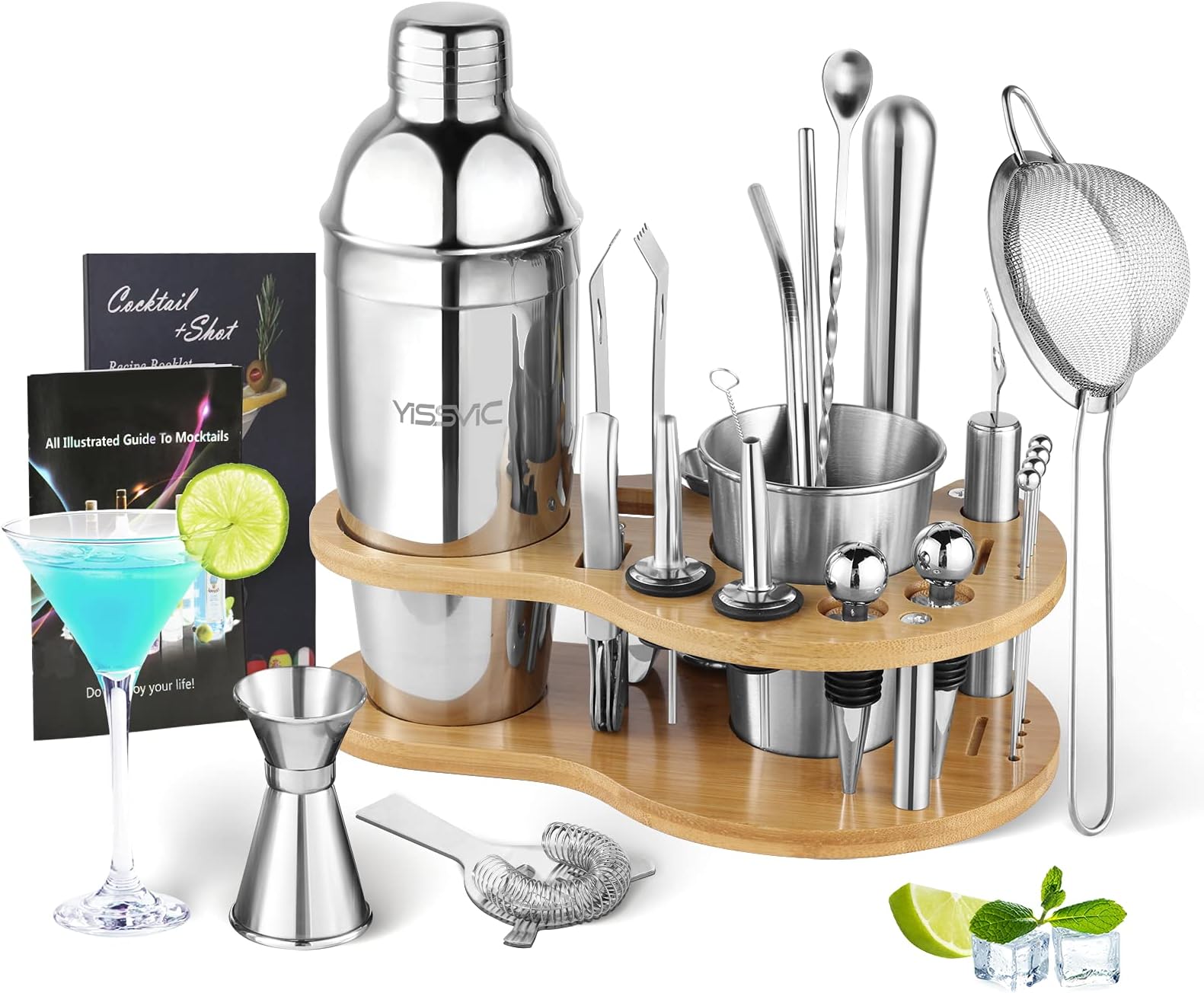 OHEFAI Kit de mixologie de barman avec support, ensemble de 21 shakers