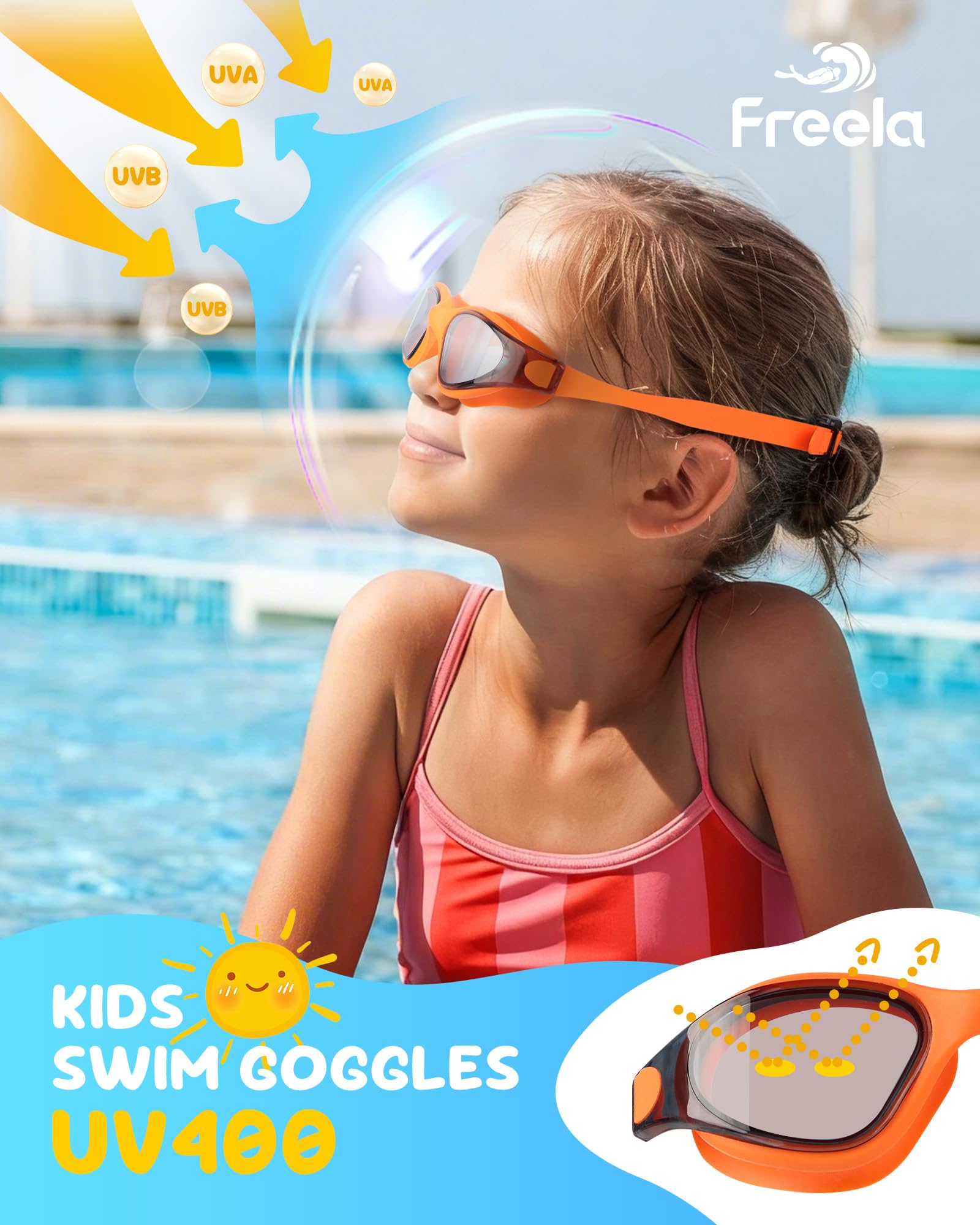 Freela Confezione da 2 occhialini da nuoto per bambini dai 3 ai 16 anni, in silicone, visione a 180°, anti appannamento, protezione UV, per ragazzi e ragazze