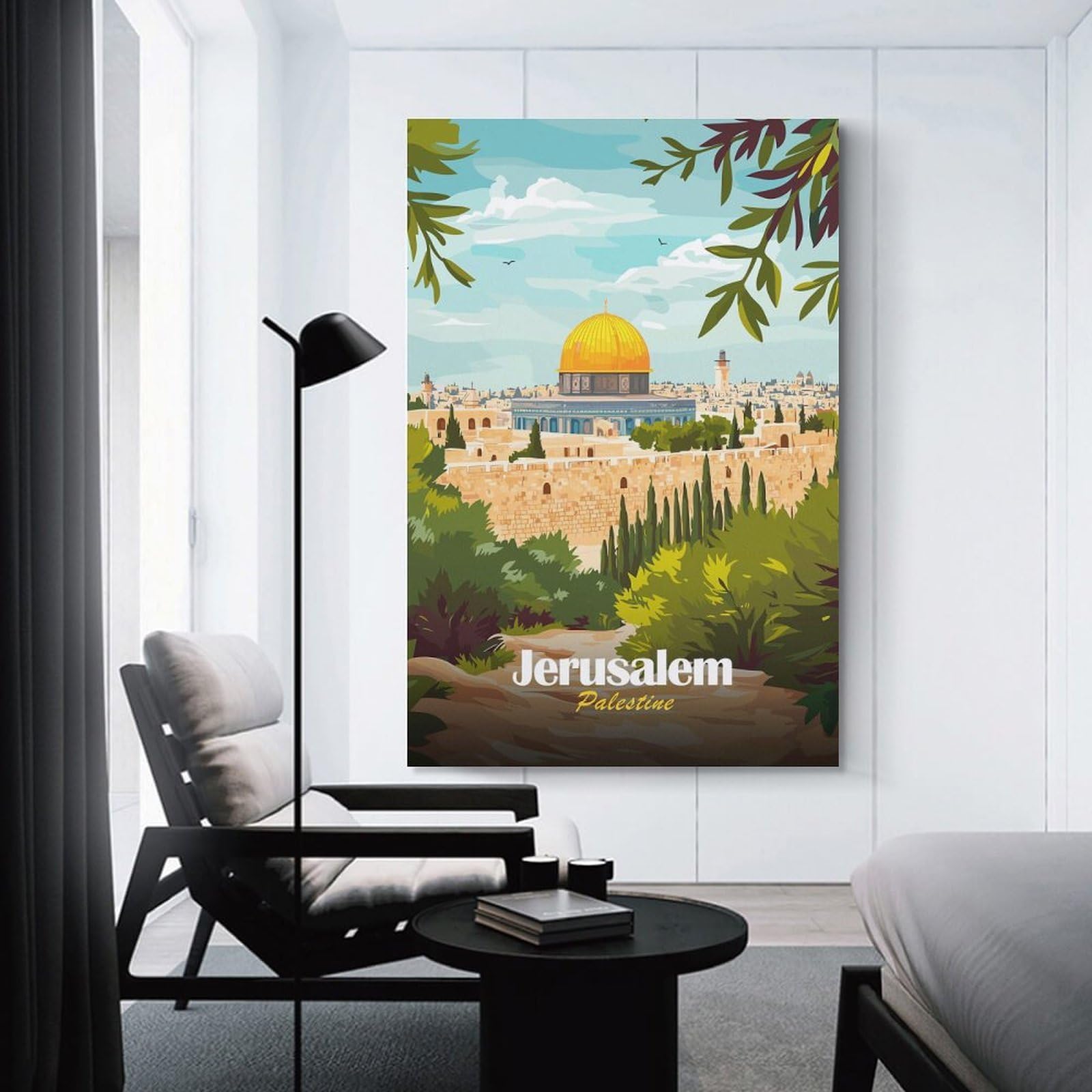 Junmoney Jerusalem, Palestine Illustration Canvas Wall Decor, 24x36inch(60x90cm), for Home Lounge, Bedroom Or Reading Nook, Modern Wall Decor for Cosy Interiors