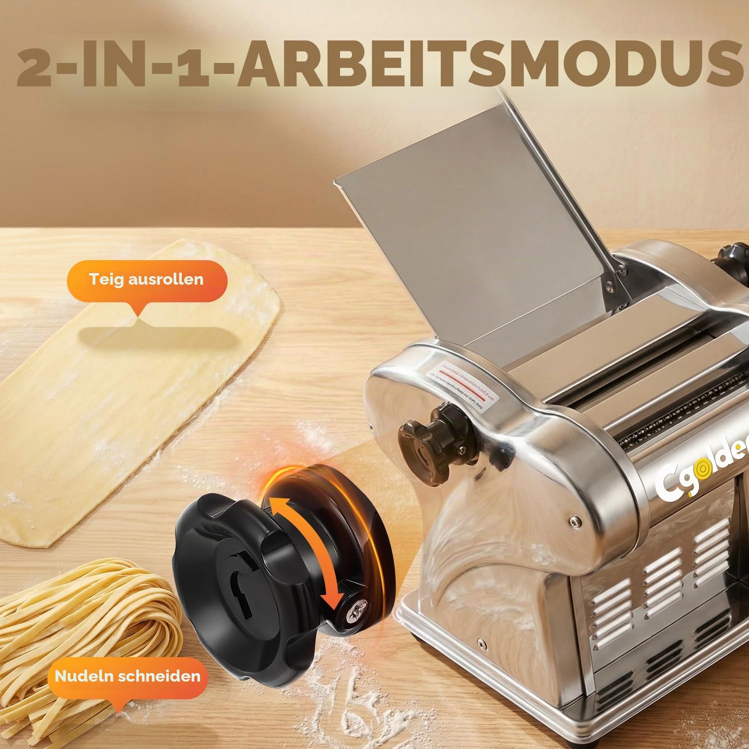 CGOLDENWALL Elektrische Nudelmaschine 140W Edelstahl Pasta Maker 2 Klingen 1,5 mm/4 mm 9 Einstellbare Stärken 0,3-3 mm