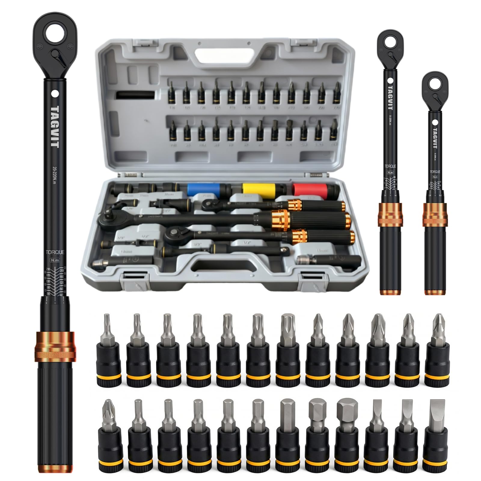 Set di Chiavi Dinamometriche 1/4" 3/8" 1/2" - Kit Completo 41 Pezzi con Bussole e Prolunghe | Acciaio CR-V, Cricchetto 72 Denti, Scala Doppia Alta Precisione per Auto, Bicicletta e Moto