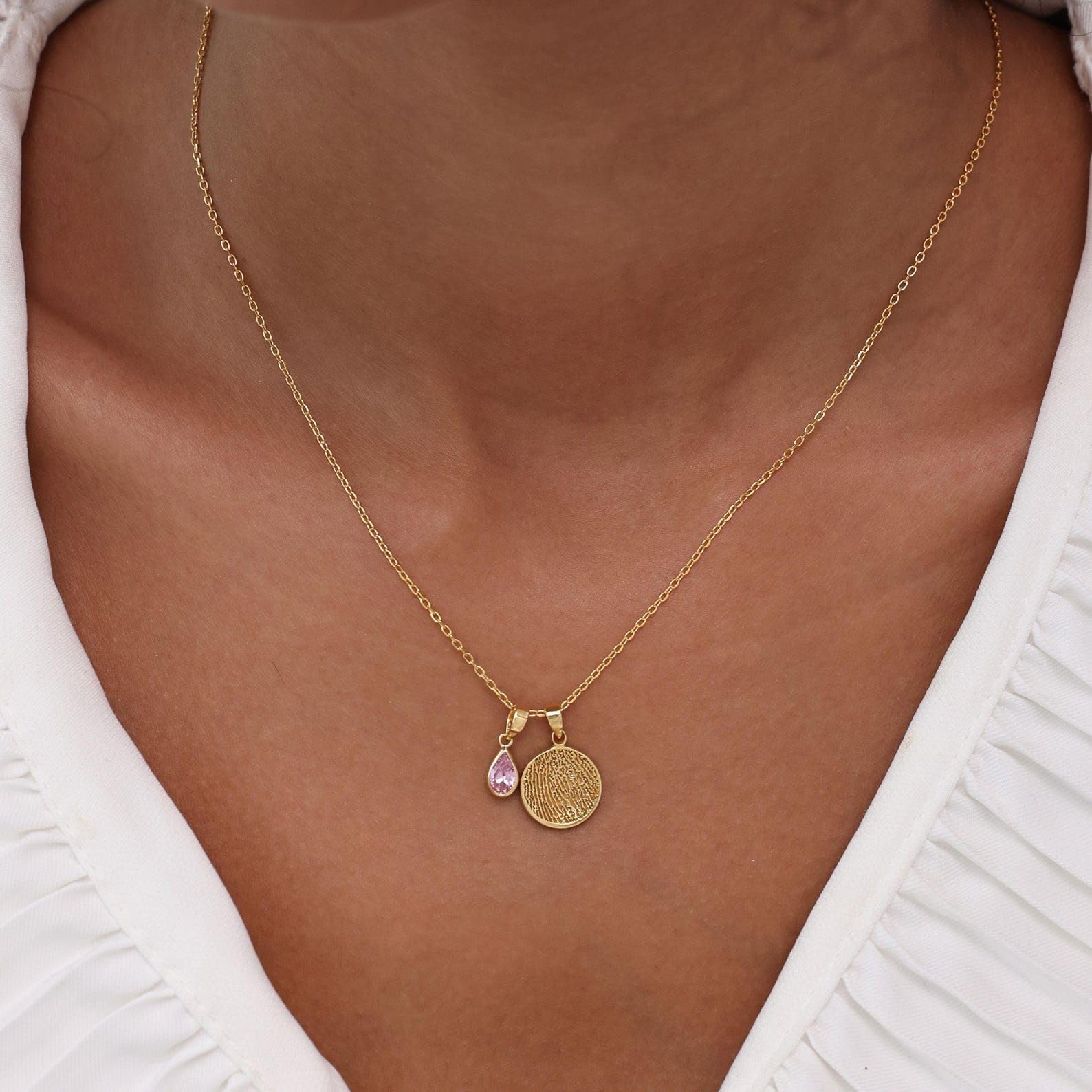 Collar con dije circular y huella dactilar y piedra de nacimiento | Collar circular con huella dactilar real | Día de la Madre - Navidad