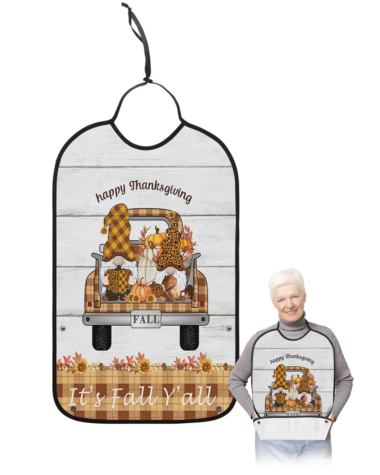 Thanksgiving Gnomes Truck Adult Bibs for Eating, Waterproof Bibs with Food Catcher & Adjustable Snap Closure, Brown Plaid Maple Leaf Wood Washable Clothing Protectors Adult Bibs for Elderly Women/Men