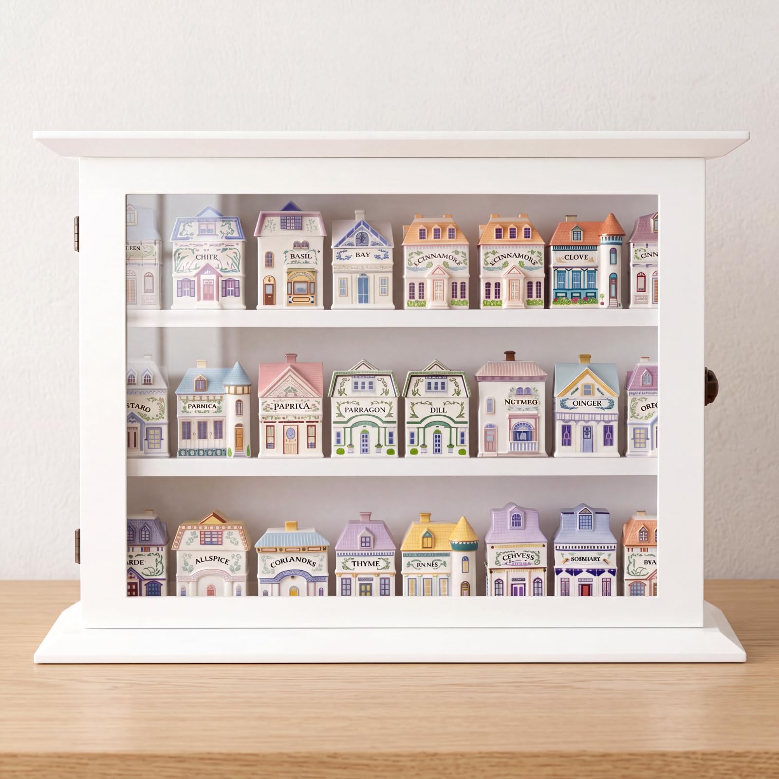 Vintage Spice Jar Wooden Rack White with Door Spice Shelf for 24 Jars, Village Style Wall Mounting Kitchen Storage Decorative Hanging Display Rack, Shelf Only(19.09 x 14.57 Inches)