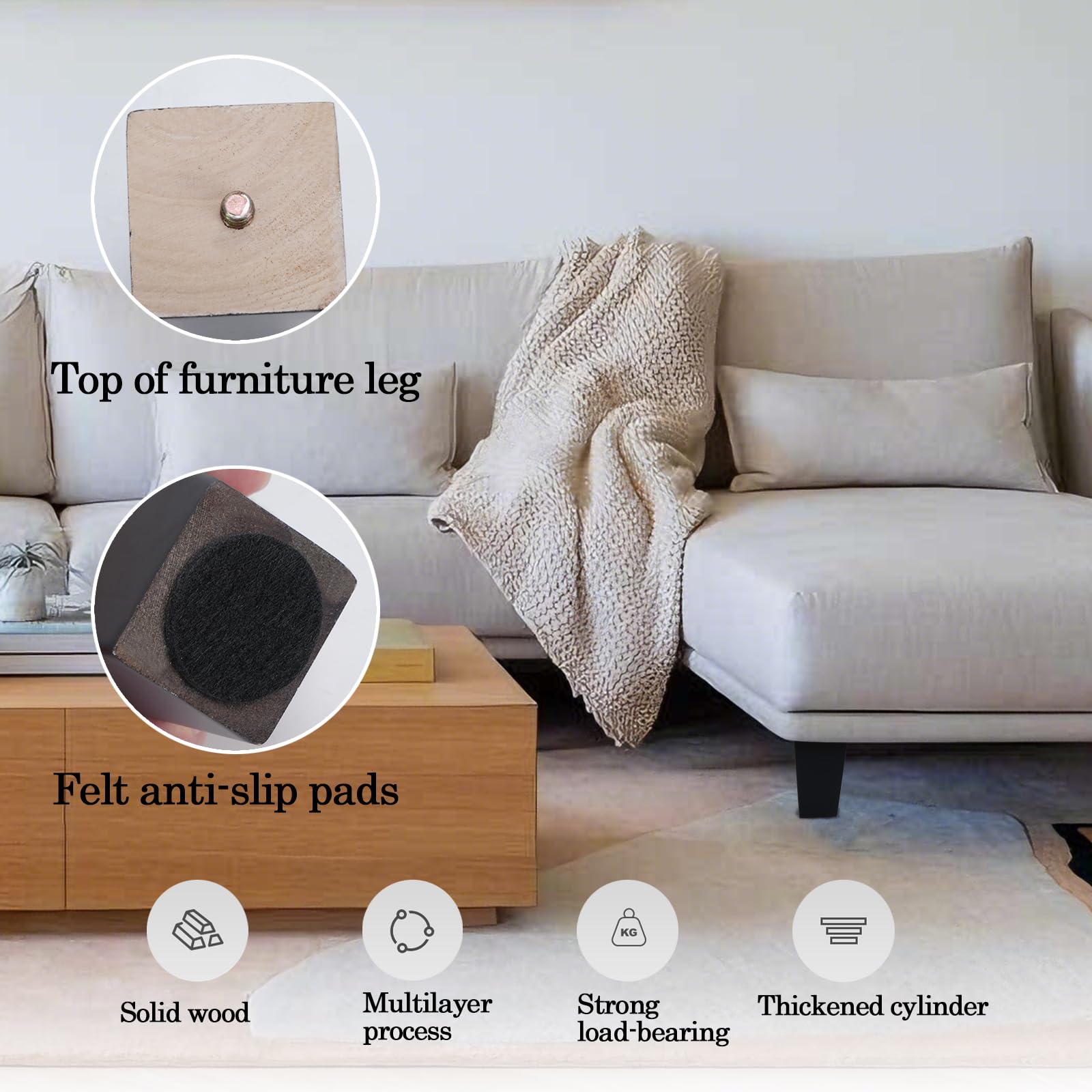 4 Piezas Patas para Muebles Madera Negro 20cm con Placa de Montaje Tornillos y Protectores de Suelo Pies para Muebles Cuadradas para Mesa de Té Sofá Cama Cajonera Mueble TV