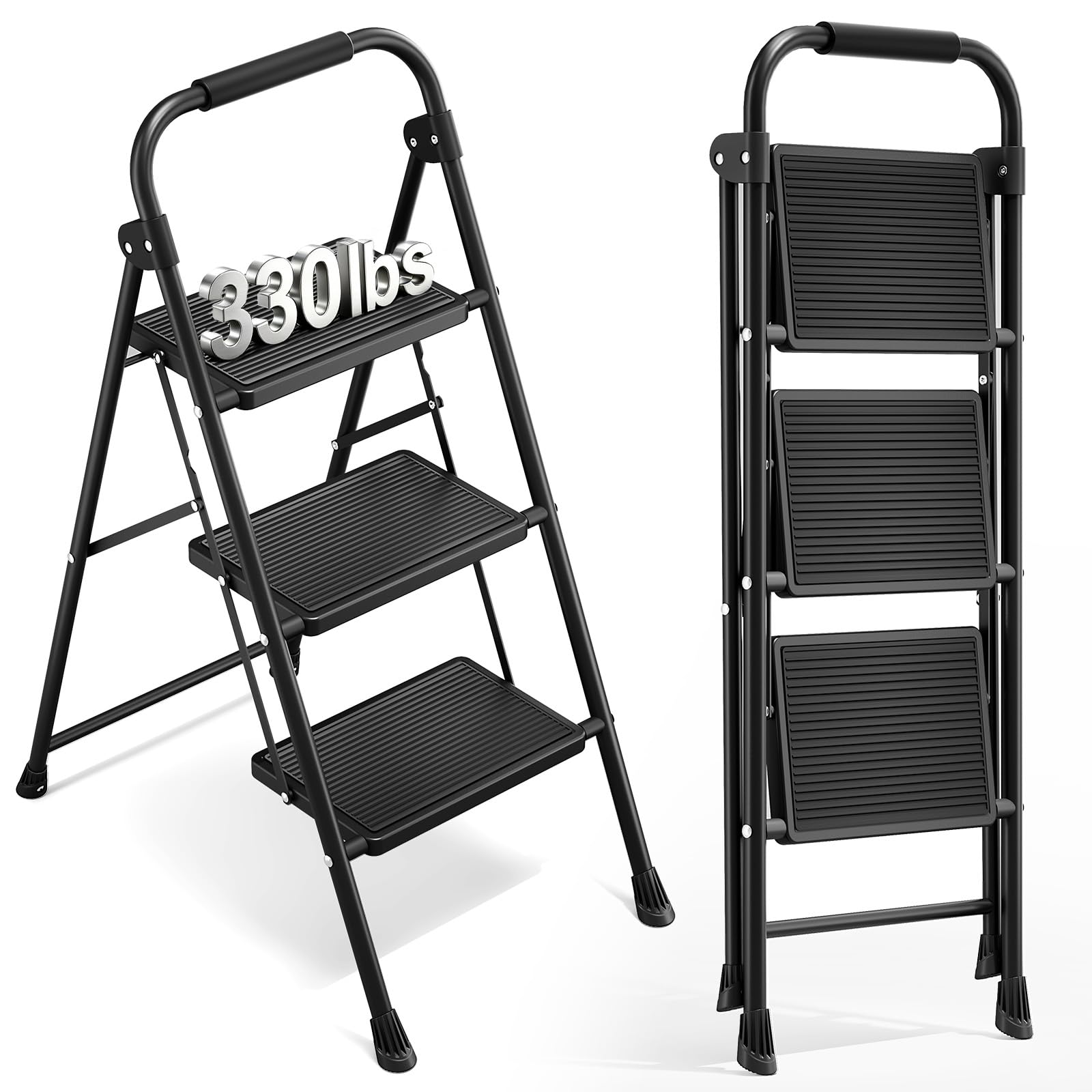 Urackify 3 Step Ladder with Handrail, Wide Non-Slip Pedals & Rubber Feet