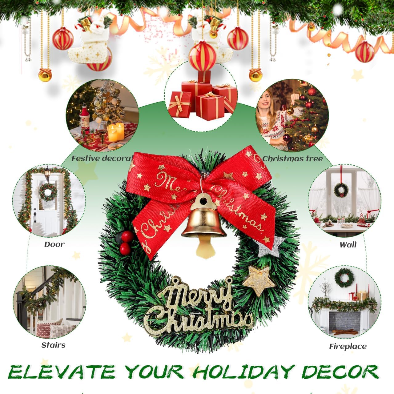 DECHOUS 12Pcs Miniature Christmas Wreaths: Dollhouse Mini Christmas Wreath Ornaments with Bows and Bells for Crafts Holiday Festive Doll House Decoration - Image 3