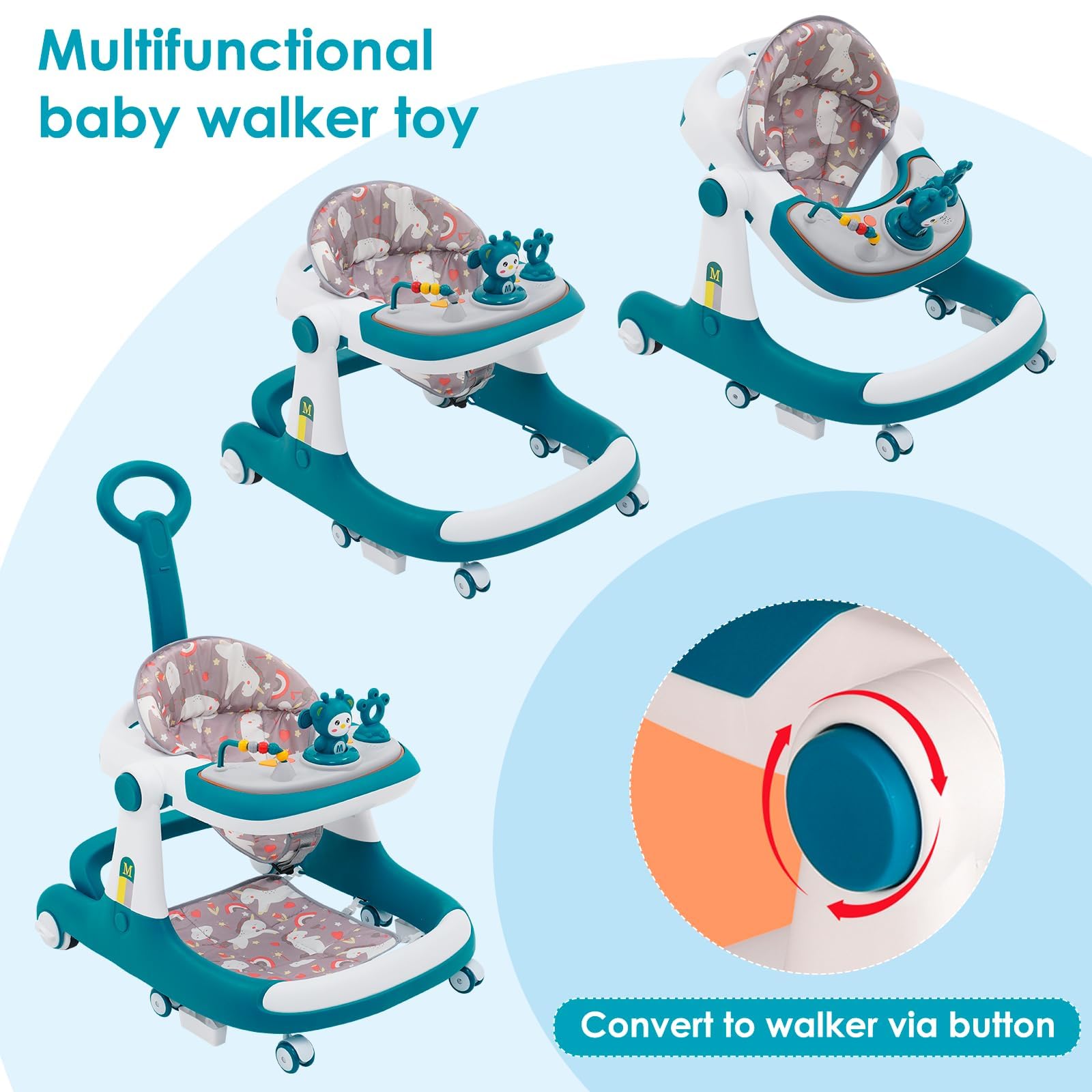 Andador para Bebés,Andador Multifunción 3 en 1 Antivuelco para niños Pequeños,Andador para Empujar,con Ruedas,Freno,asa de Empuje y Mesa Extraíble para Bebés y niños