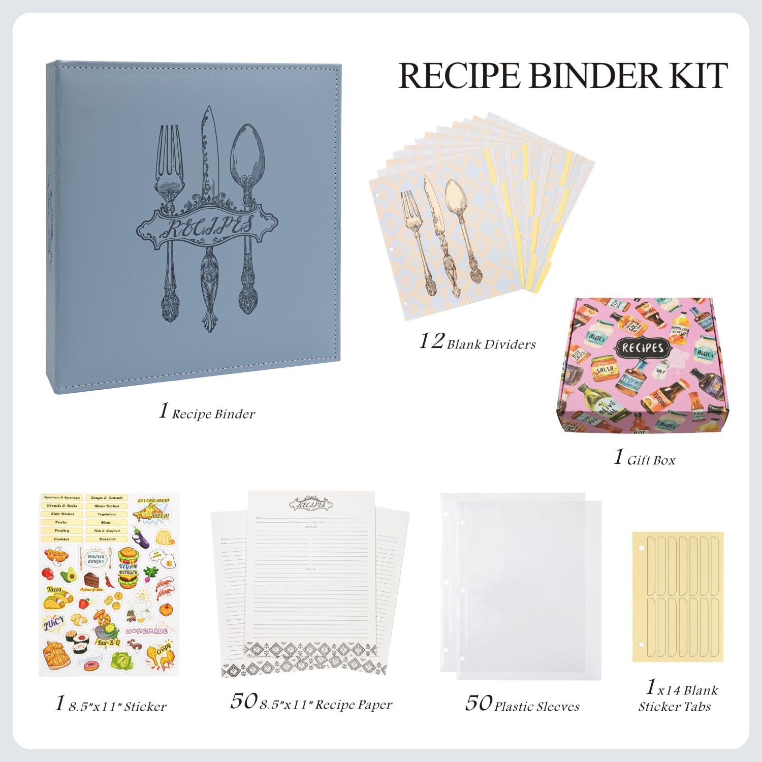 COFICE Raccoglitore per ricette con maniche in plastica, 21 x 28 cm, organizer a 3 anelli, kit per ricette, per scrivere le tue ricette, copertina in ecopelle (blu)