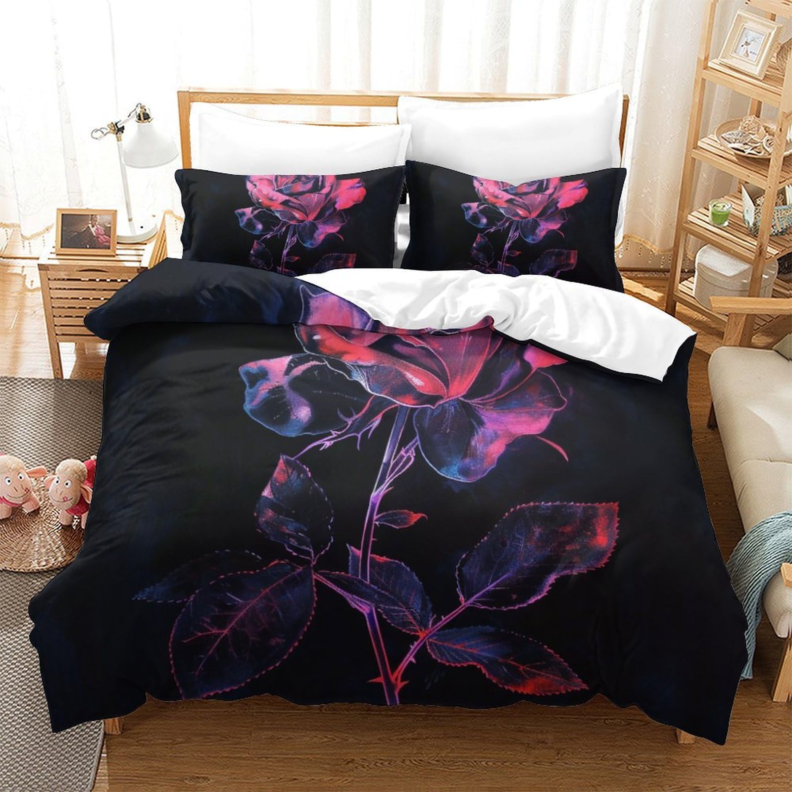 Housse de couette roses 3D avec fermeture éclair pratique pour lit Super King 260x220cm