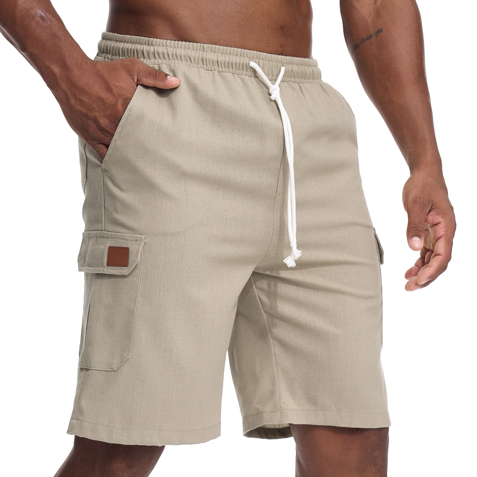 Zetieny Herren Leinen Shorts Casual Sommer Freizeithose Atmungsaktiv Elastischer Bund mit Mehreren Taschen für Urlaub Alltag