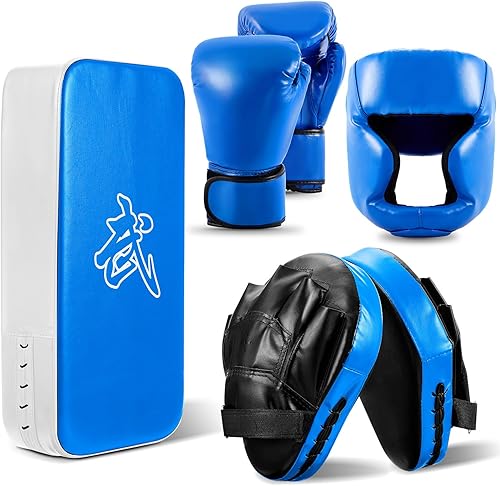 Juego de guantes de boxeo 5 en 1 para niños, guantes de boxeo con 1 par de guantes, 2 almohadillas de taekwondo y protector de cabeza para jóvenes