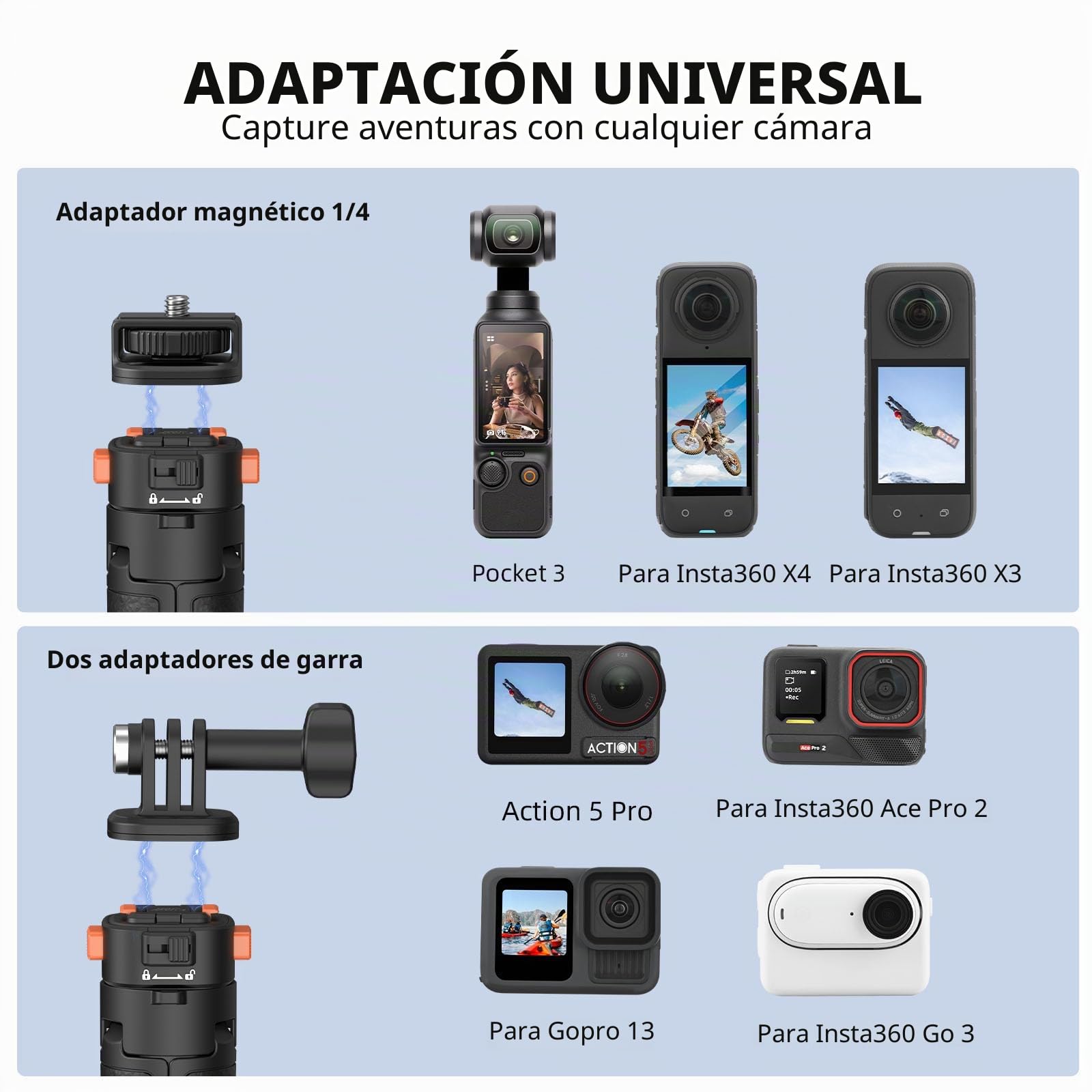 Osmo Pocket 3 - Tripode para cámara de acción Go Pro y DJI Action 5 Pro, soporte extensible de mano con liberación rápida 1/4 pulgadas