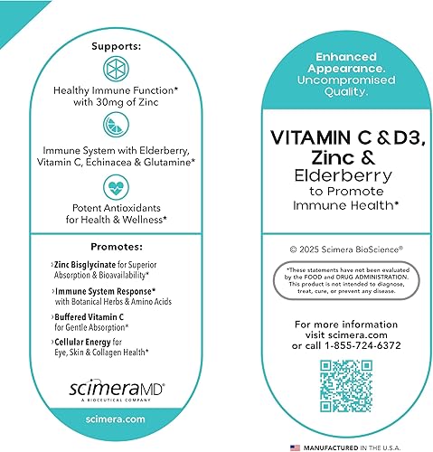 Miniatura 6 de ScimeraMD® ZincMD Suplemento de apoyo inmunológico con zinc, saúco, vitamina C, vitamina D y equinácea, 60 CT