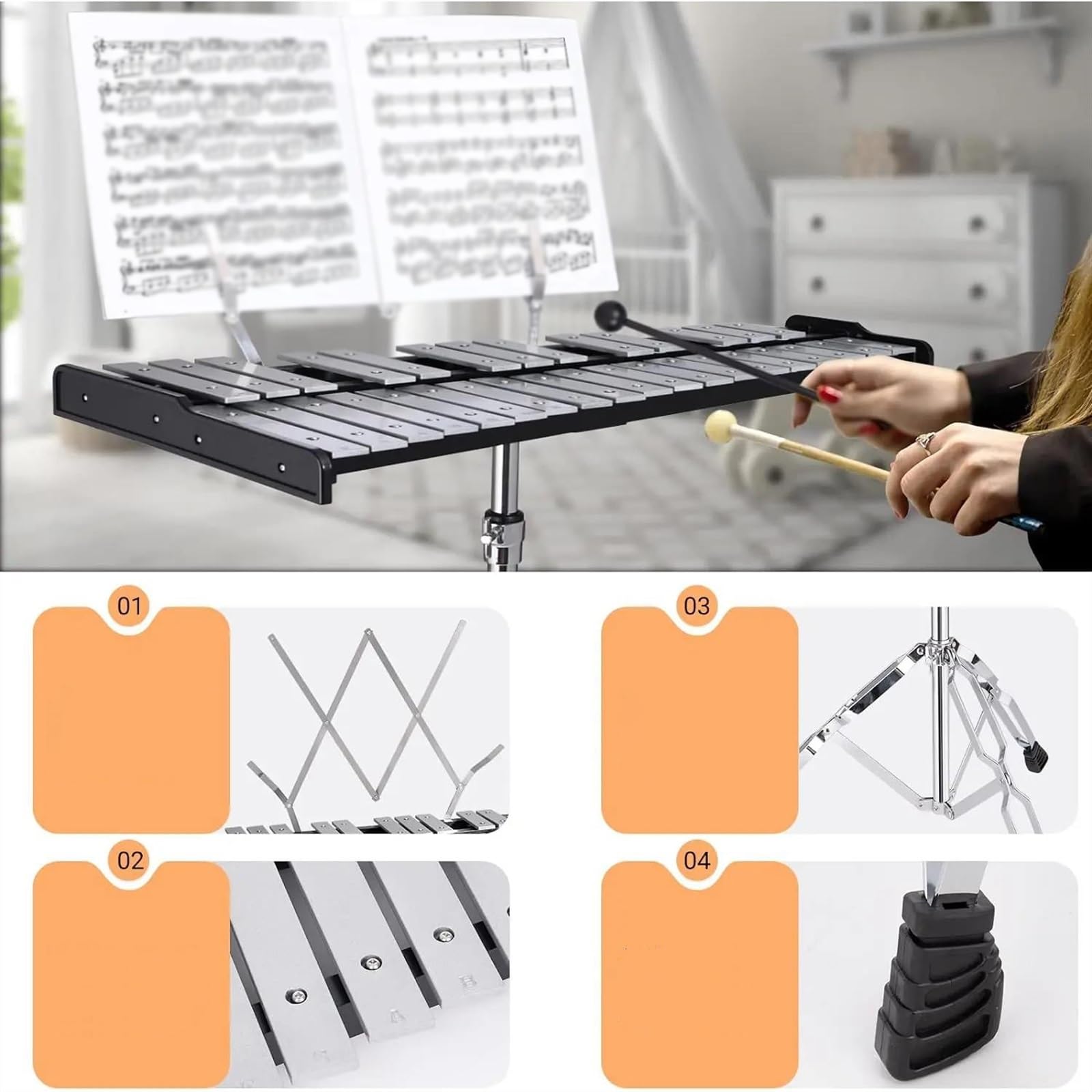 Glockenspiel de 32 notas con soporte de altura ajustable Tapa armónica de aluminio Kit De Glockenspiel Profesional