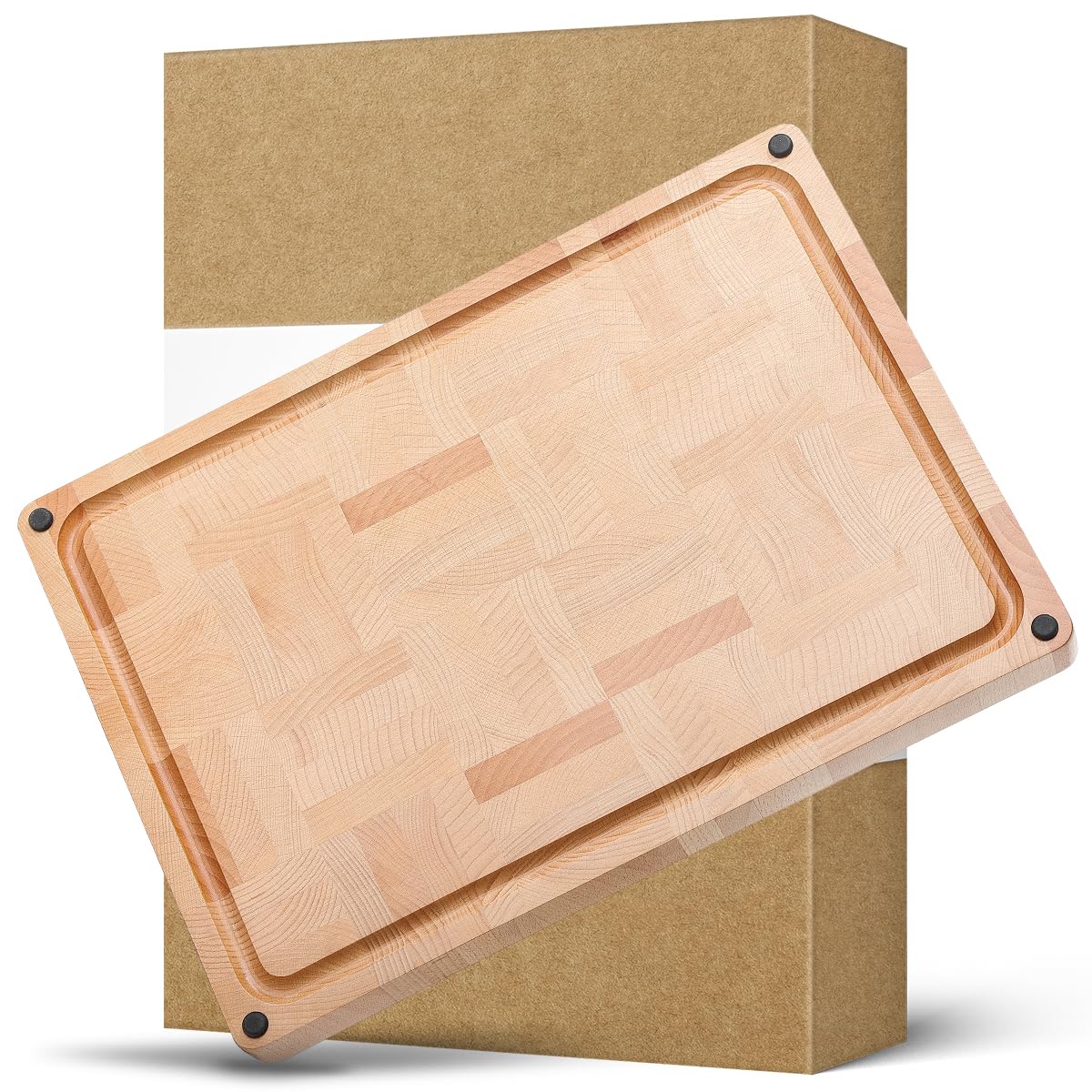 HEZHEN Cutting Board, End Wood Grain Chopper Board, Built-in Juice Grooves& Handle, Beechwood Serving Board Serving Tray