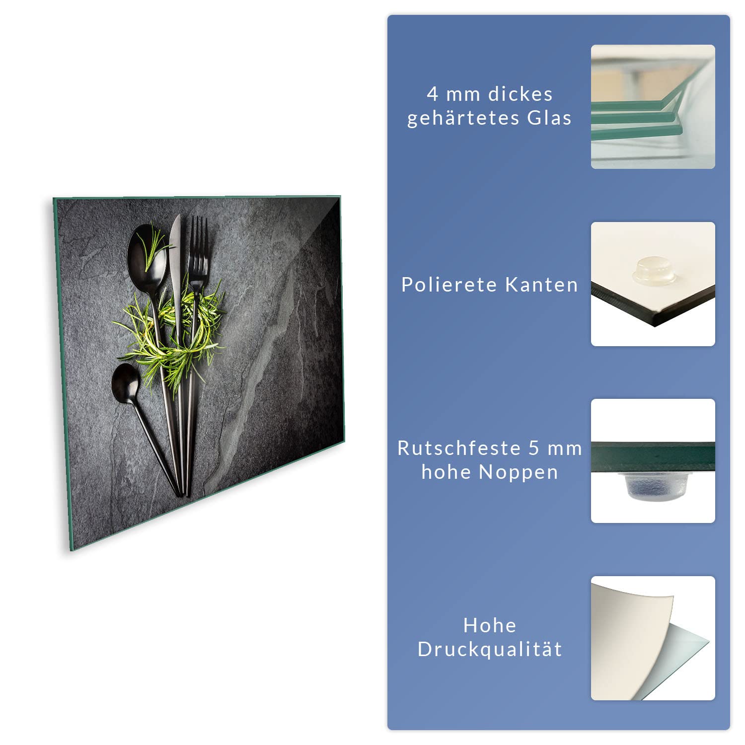 Herdabdeckplatte Abdeckung Ceranfeld Abdeckplatte Schneidebrett 1-Teilig 80x52 Kräuter Besteck Grau Spritzschutz Glasplatte Ceranfeldabdeckung Schutz Herdschutz Sicherheitsglas Glasschneidebrett