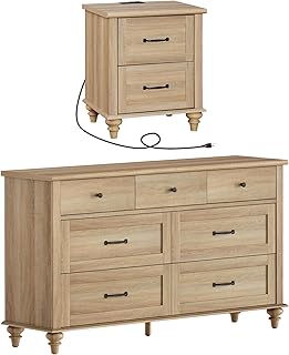 WAMPAT 2 Piece Bedroom Set - Includes 7 Drawer Dresser for Bedroom, Light Wooden Night Stand with Charging Station & Drawers, 2 Piece Dresser and Nightstand Sets, Oak