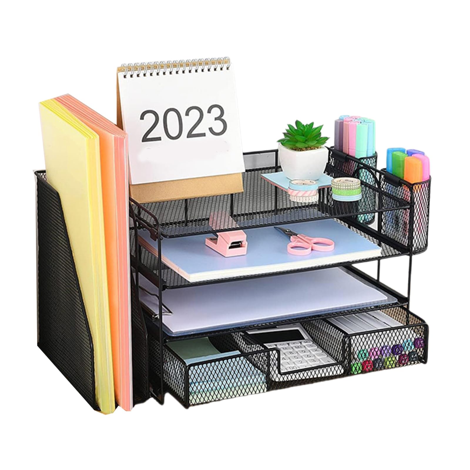 Hsioluted Black Desk Organizers 4-Tiered File Letter Tray Document Organizers With Magazine Stand Drawer & 2 Pen Cups For Paper Letter Tray