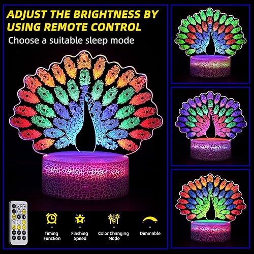 Miniatura 3 de Lámpara de ilusión 3D, luz nocturna de pavo real para niños, multicolor cambio dinámico USB 3D, luz Fx, regulable, control remoto y táctil,