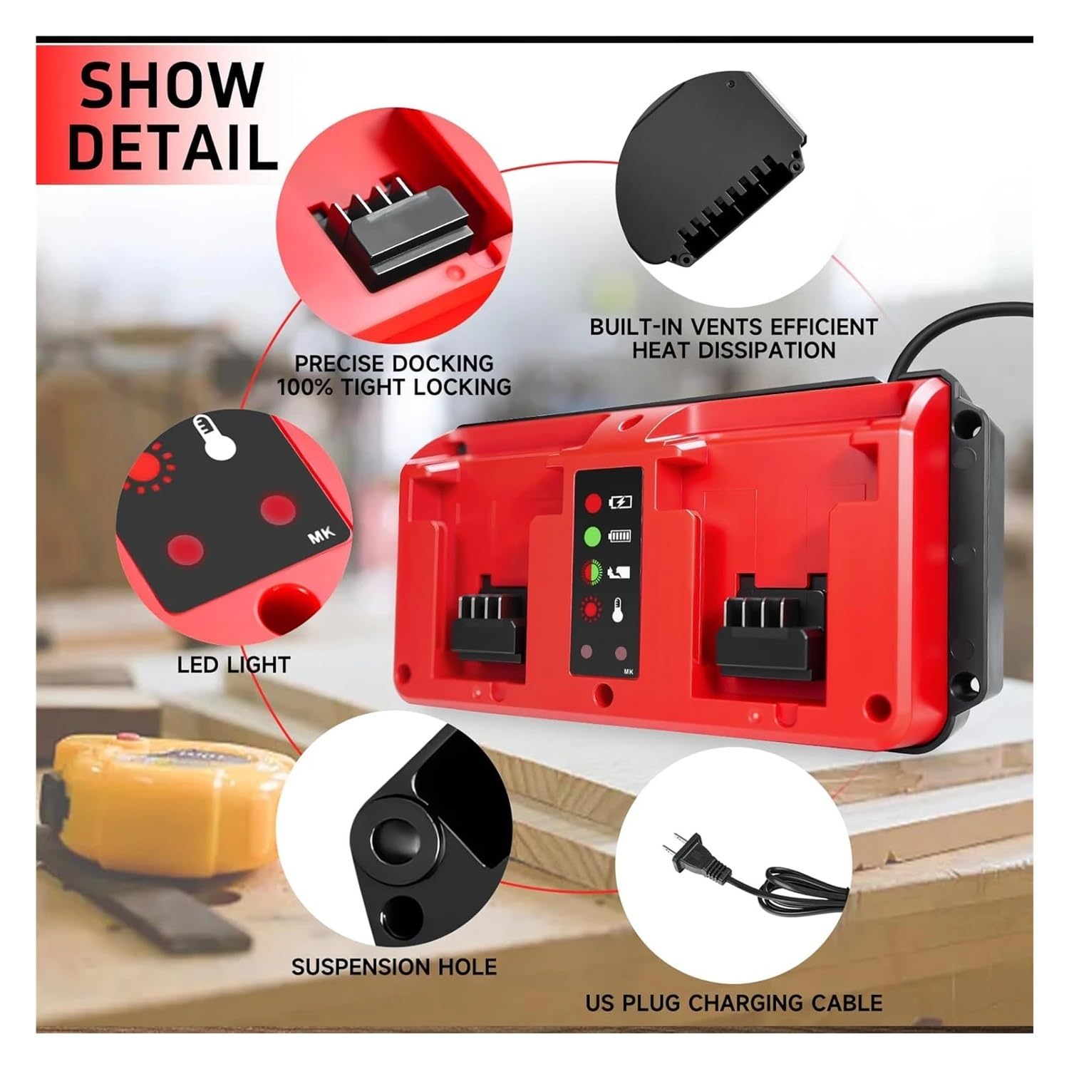 Stacja ładowania baterii 18 V z 2 portami kompatybilna z akumulatorem Milwaukee M18 18 V, wejście ładowarki wielonapięciowej Mini 100-240 V(UK)
