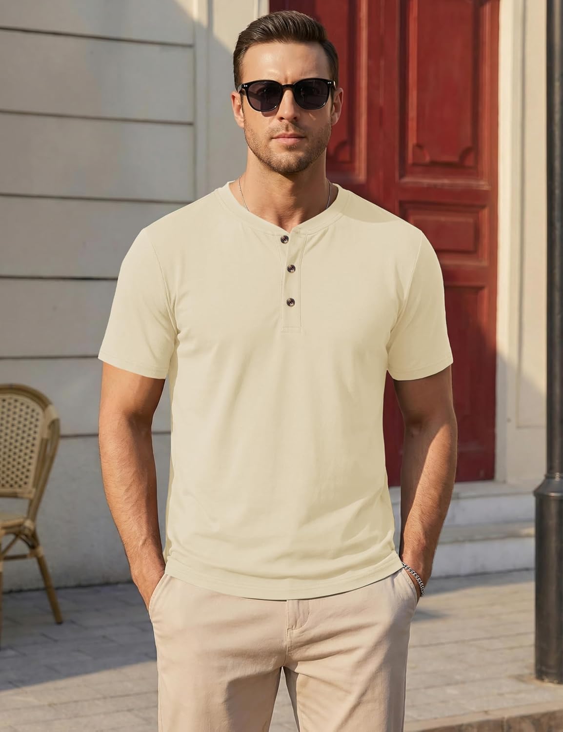 MAGNIVIT Mens Henley Shirts Short Sleeve Cotton Casual Summer Basic T-Shirts 3 Button Solid Collarless Shirts for Work - Image 2