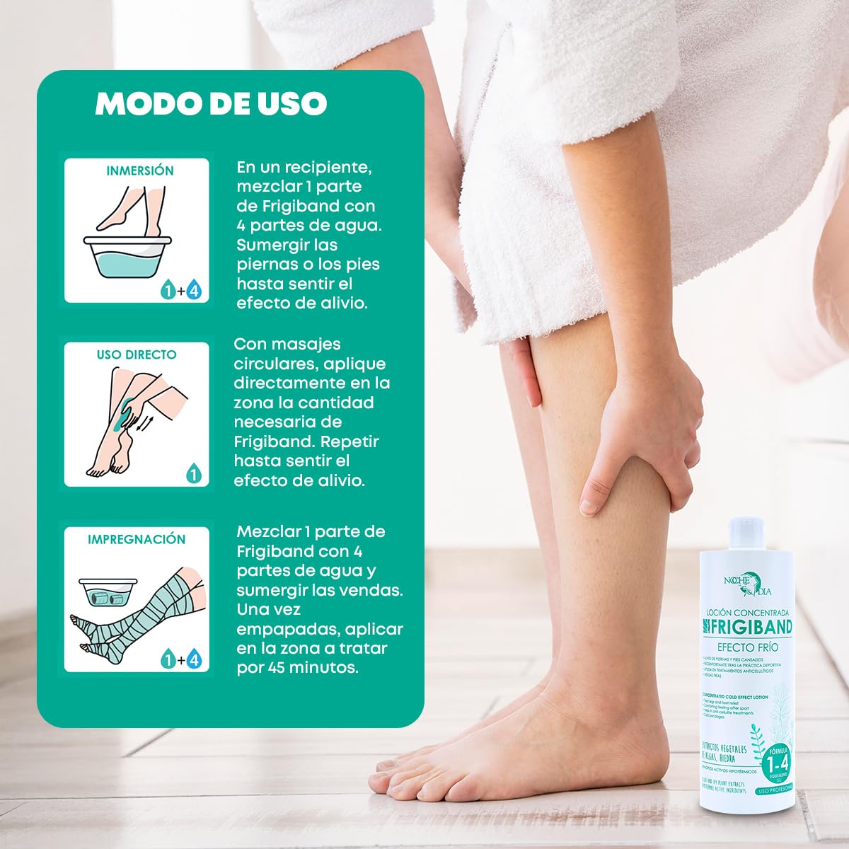 Noche y Día - FRIGIBAND - Loción Efecto Frío para Piernas Cansadas - Líquido para vendas Frías, Reductor y Reafirmante - Con Algas Fucus, Hiedra y Activos Hipotérmicos - 1000 ml