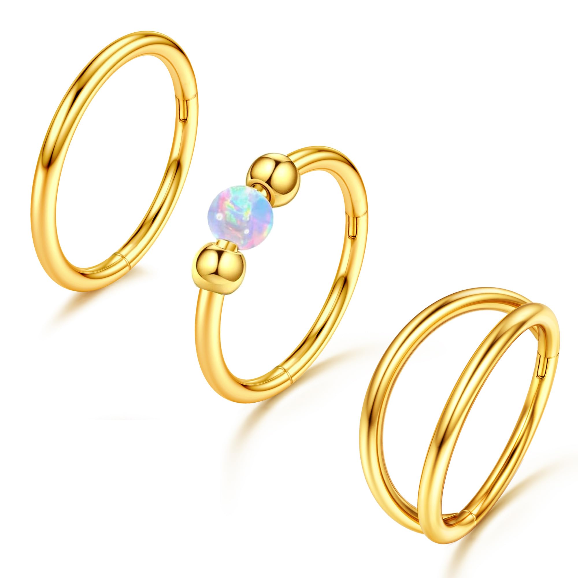 GraceWhisper 3pcs Nose Rings Hoops 316L Surgical Steel Double Hoop Nose Ring for Women 14K Gold Opal Nose Ring 18G/20G Hinged Nose Piercings Jewelry