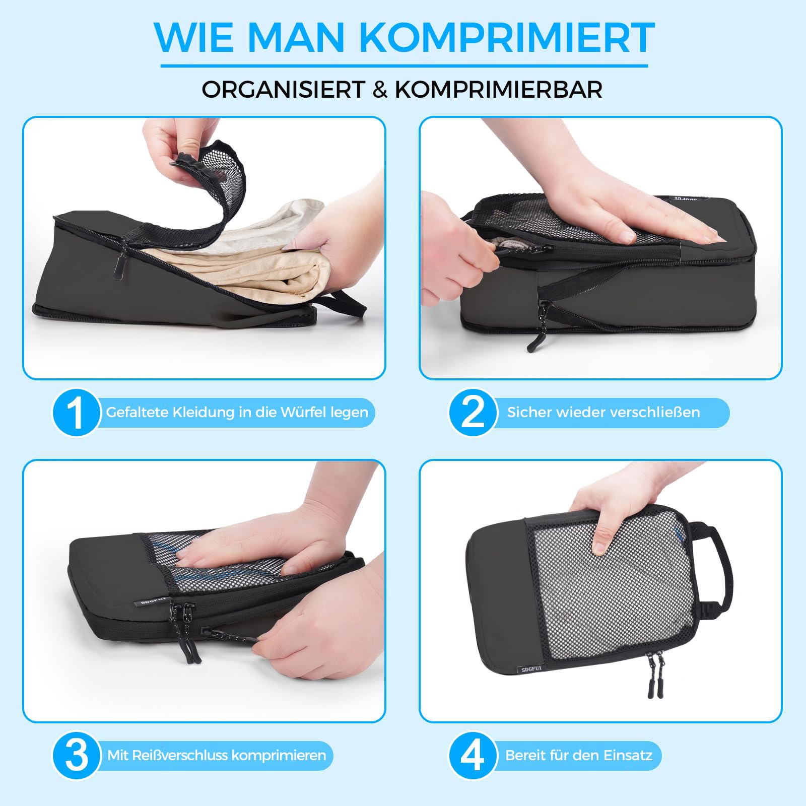 BAGLHER Packwürfel Kompression für die Reise - Extrem platzsparender Koffer-Organizer-Set, wasserdichte Packtaschen, Schwarz