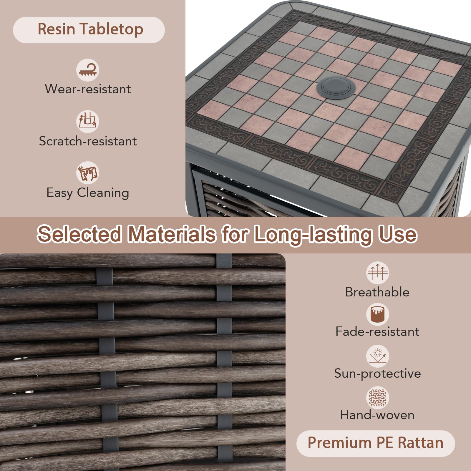 KOMFOTTEU Mesa Auxiliar con Agujero para Sombrilla, Mesa Baja de Ratán PE, Mesita de Café Cuadrada con Estructura de Metal, Mesa para Jardín, Patio, Terraza, 55 x 55 x 50 cm