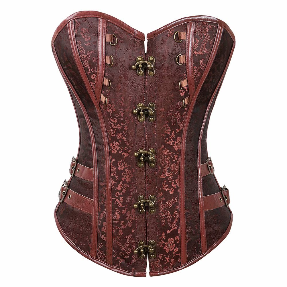Jutrisujo Women's Brown Steampunk Corset Bustier Top Leather Basques Burlesque Plus Size Buckles Pirate Halloween Costumes Sexy S