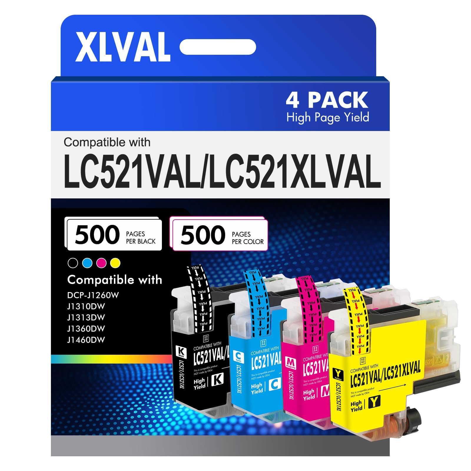 LC521 LC521VAL Lot de 4 Cartouches d'encre Compatibles Pour Brother LC 521 XL LC-521 XLVAL Pour Brother DCP-J1260W J1310DW J1313DW J1360DW J1460DW Imprimantes Noir Cyan Magenta Jaune