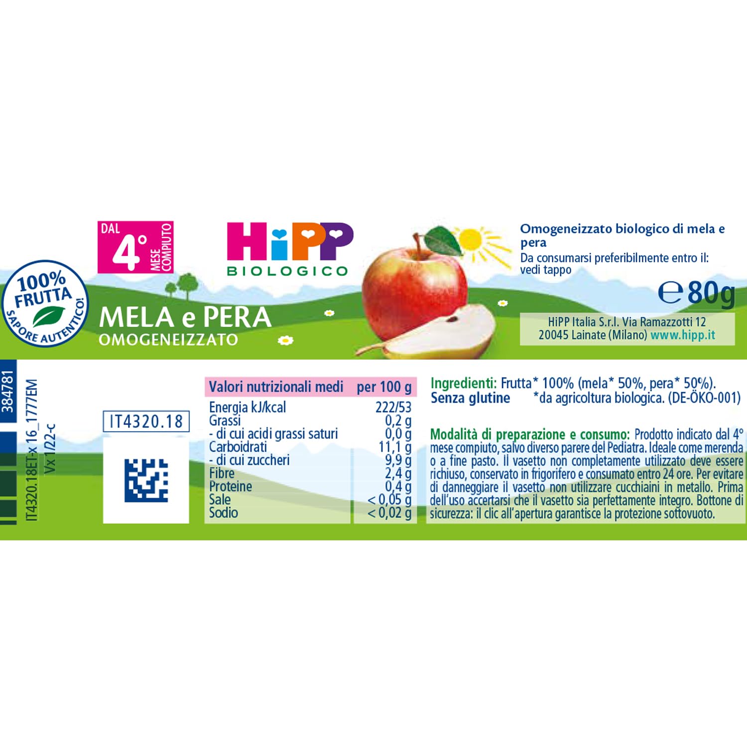 HiPP - Omogeneizzato di Frutta Biologico per Neonati, Gusto Mela e Pera, 100% Frutta, 24 Vasetti da 80 g