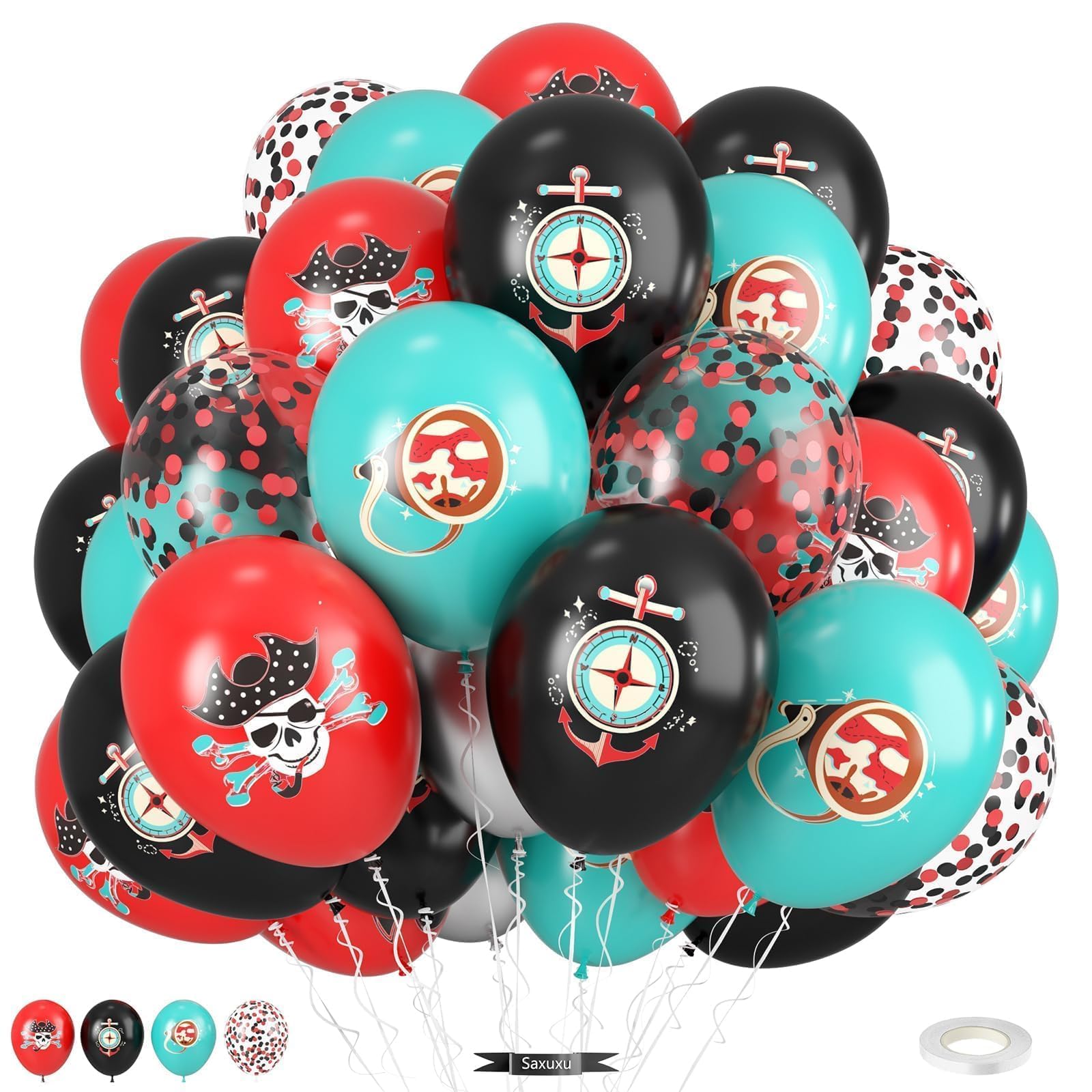 Pirate Balloons, 12 Inch Teal Black Red Confetti Balloons with Pirate Design for Boy Pirate Ship Theme Birthday Party Sea Sailing Graduation Halloween