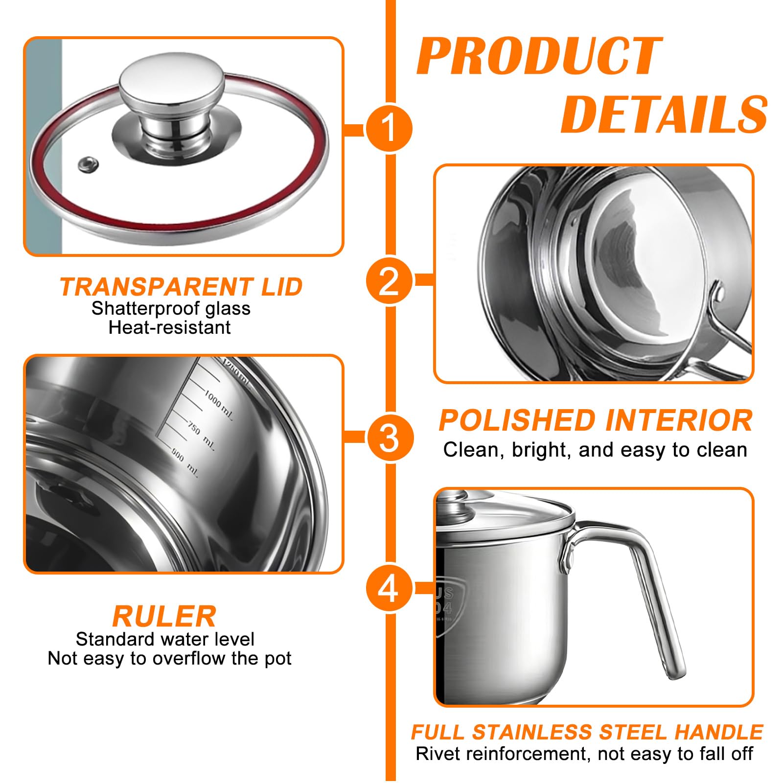 Pentola per latte a induzione in acciaio inox: mini pentola per latte da 2,4 l, 18 cm, preparazione per latte e porridge (acciaio 304/profondità 11 cm)