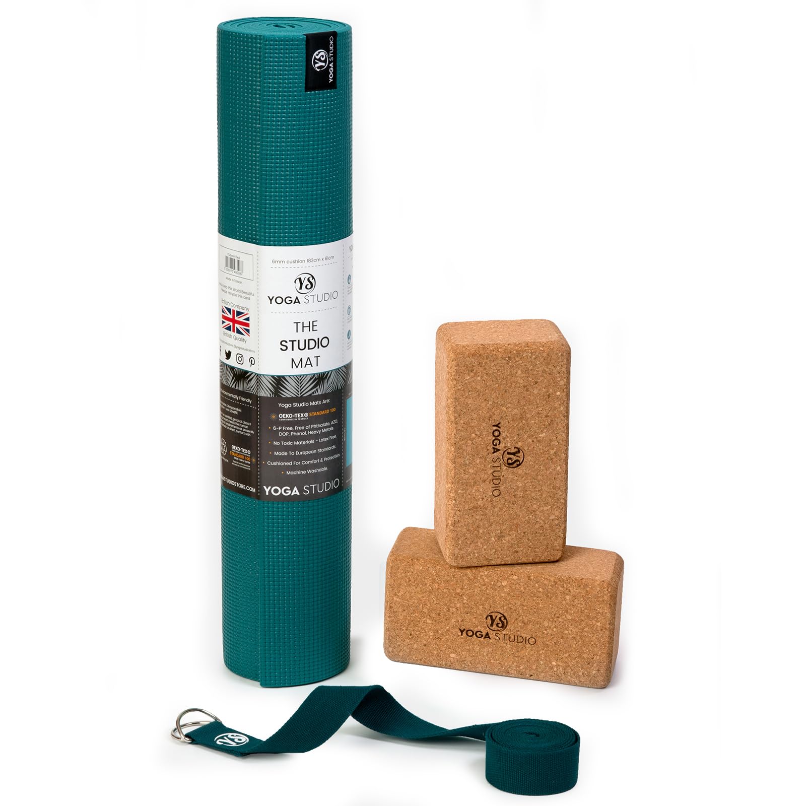 Yoga Studio Oeko-Tex Starter - Set da yoga in sughero, tappetino da yoga, 2 blocchi di sughero e cinghia per yoga, per casa, palestra, allenamento yoga