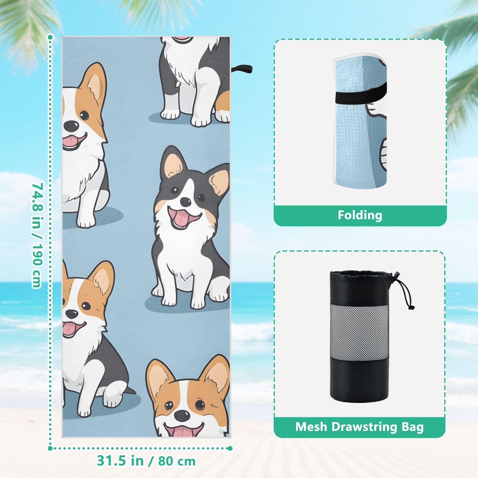Toallas de playa grandes con bolsas de malla para adultos, toalla de baño con patrón de perros Corgi con cierre magnético, toalla absorbente de secado rápido para piscina, camping y viajes, 190