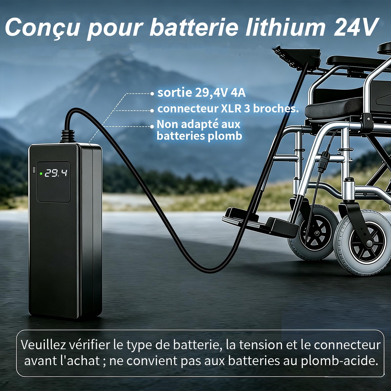 Chargeur 29,4V 4A Batterie 24V pour Fauteuil électrique | Écran tension, ventilateur refroidissement, protections, XLR 18mm, compatible véhicule léger
