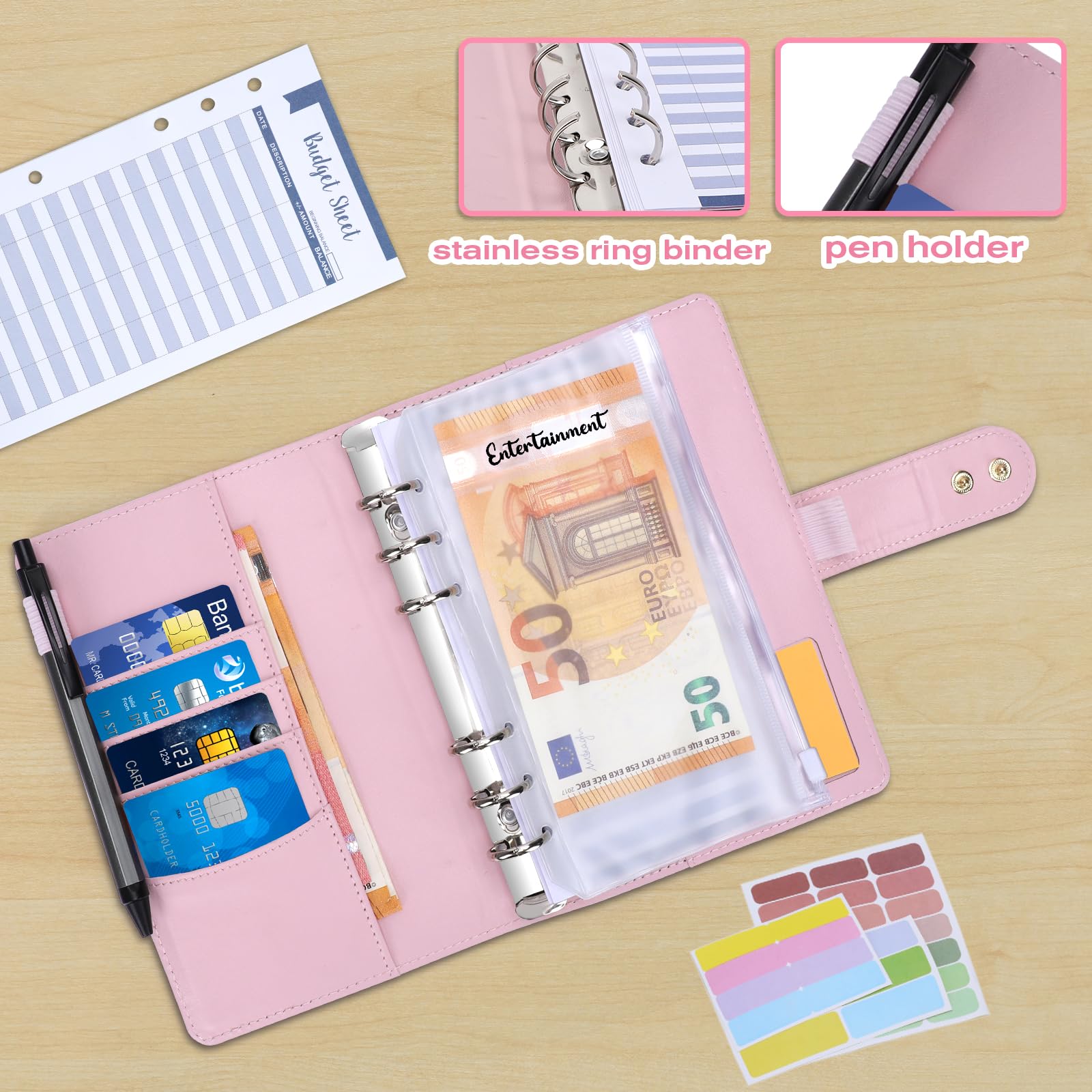 Euqvunn Libreta de Ahorro, Libreta Ahorro Dinero A6 con Sobres para Efectivo, Cierres Ajustables Carpeta de Ahorro de Dinero, Budget Planner para Organizador de Dinero, Agenda Ahorro A6 - Rosa