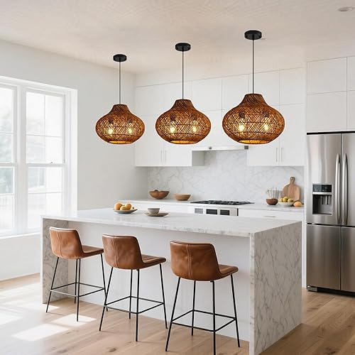 Miniatura 6 de Lámpara colgante de ratán marrón oscuro de 2 luces, luz colgante redonda rústica de 14.96 pulgadas, lámpara colgante de mimbre de curry tejida a