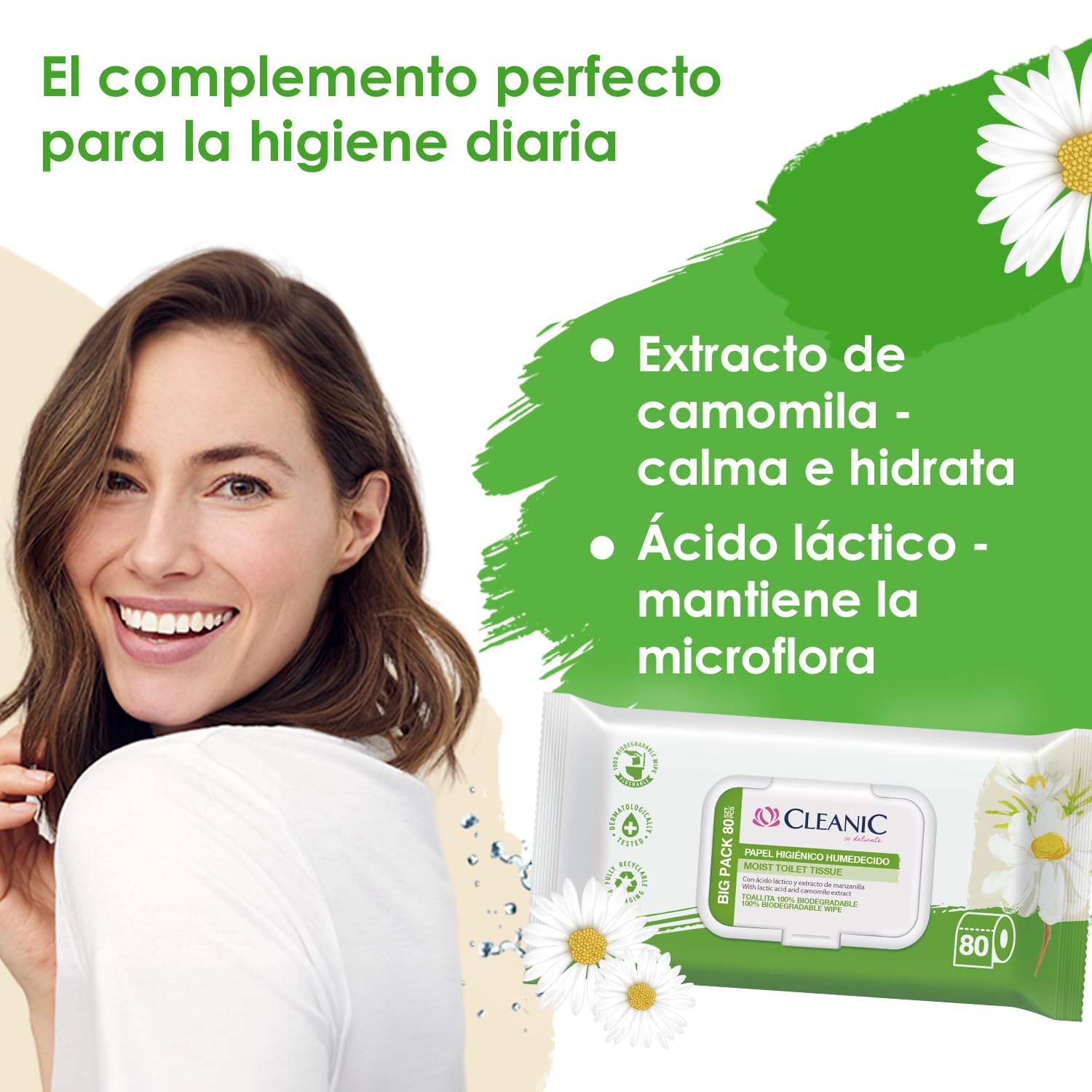 Cleanic Papel Higiénico Hidratado - (80 Piezas) Papel Higiénico - con Extracto de Manzanilla - Desechable - Toallitas Humedecidas para Limpieza Íntima - Apto para Pieles Sensibles - 80 Piezas