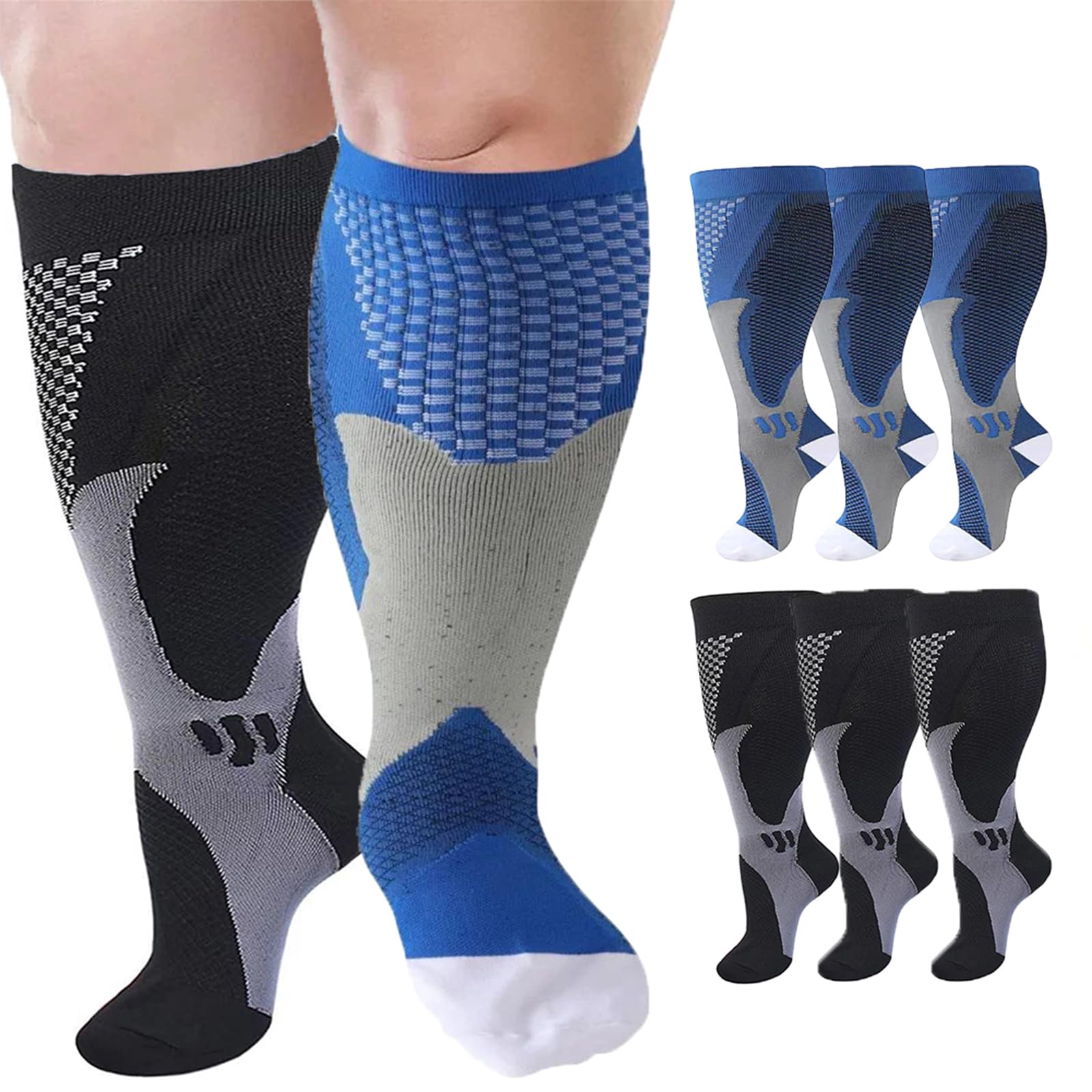 Cheeroyal 6 Pairs Plus Size Compression Socks Wide Calf for Men Women 20-30mmhg for Running Travel Flight Teachers