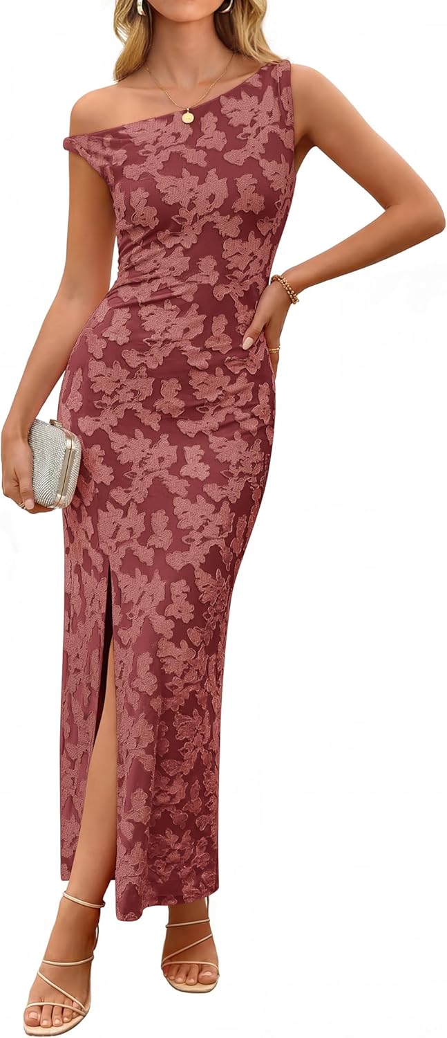 ZESICA Women's Summer One Shoulder Floral Bodycon Midi Dress 2026 Ruched Elegant Wedding Cocktail Party Long Dresses