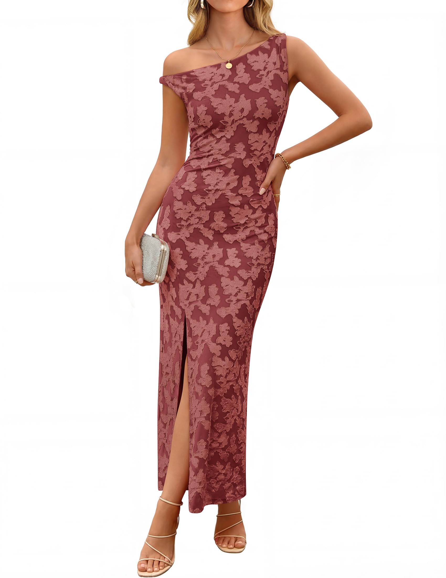 Women's Summer One Shoulder Floral Bodycon Midi Dress 2026 Ruched Elegant Wedding Cocktail Party Long Dresses