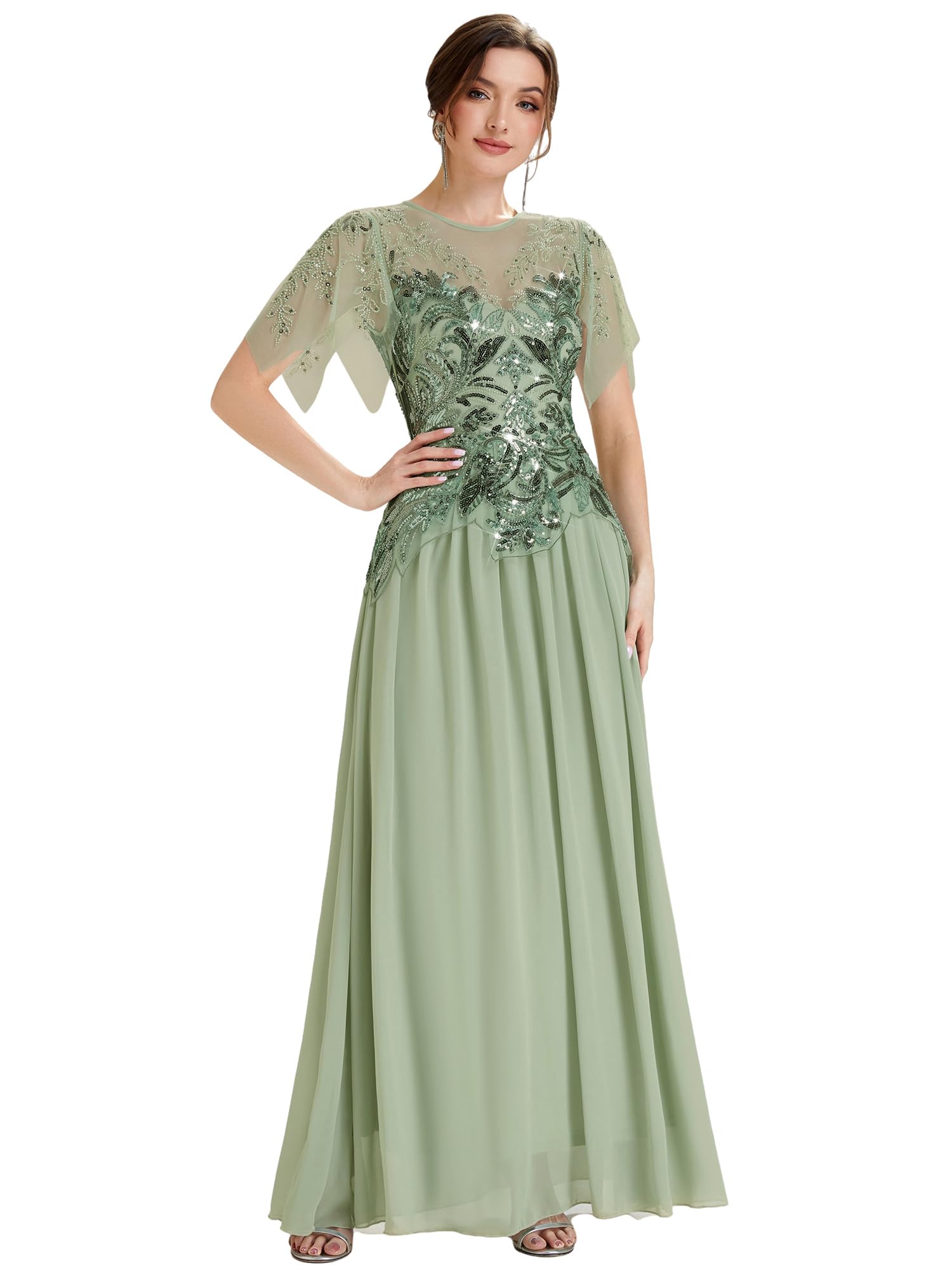 Ever-PrettyWomen's Embroidered Sequin Evening Gown Sheer Cape Sleeve Chiffon Maxi Beaded Dress for Casual Party Prom 02675