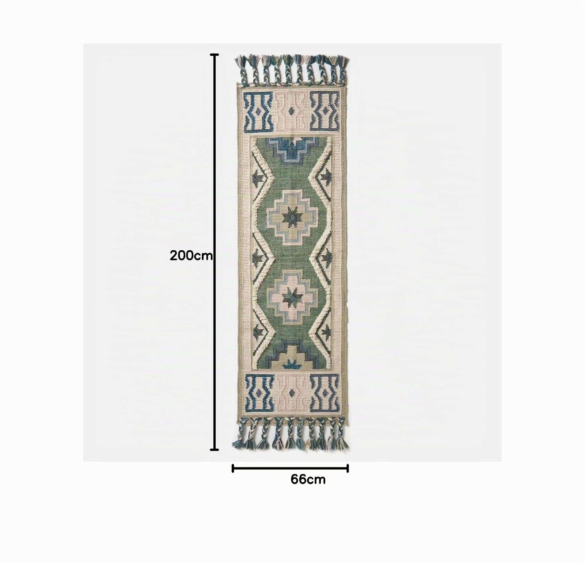HOMESCAPES Tapis de Couloir Kilim en Laine Matala, Tapis Long 66x200 cm, Tapis Vert et Bleu Artisanal