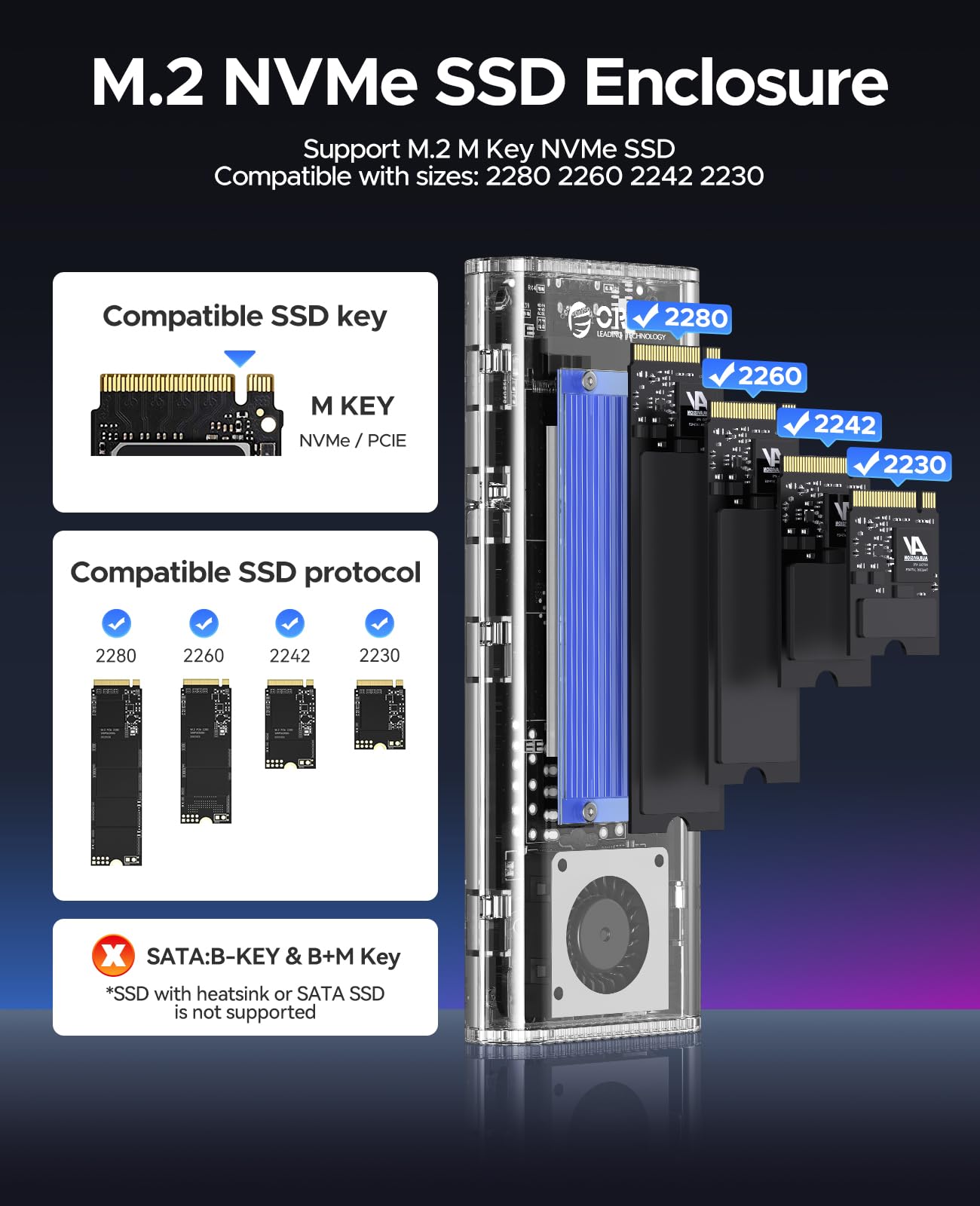 ORICO Obudowa NVMe SSD 40 Gbps z wentylatorem, beznarzędziowa obudowa M.2 SSD do Thunderbolt 4/3 USB 3.2/3.1/3.0, przezroczysty adapter M2 obsługuje M-Key SSD 2230/2242/2260/2280, TCM2-U4-BL